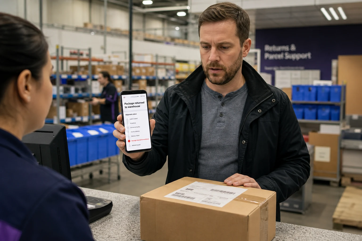 Cliente revisando paquete devuelto con teléfono mostrando estado de envío 马会