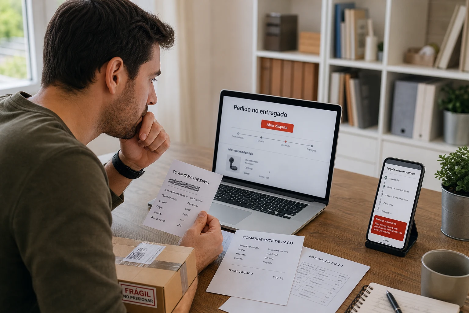 Comprador preocupado revisando pedido AliExpress no entregado y documentos de seguimiento