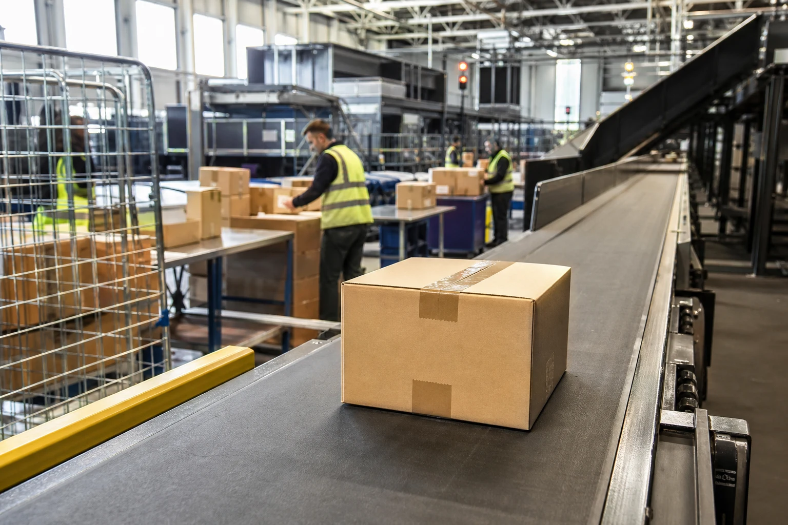 Paquete de cartón sellado transportado por centro logístico entre estaciones clasificadoras