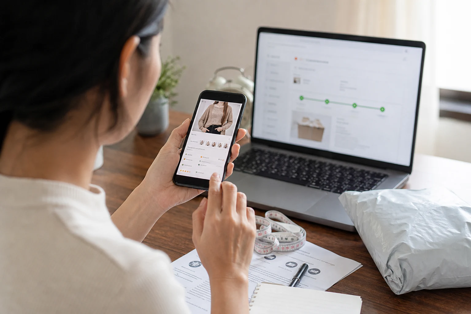 Persona comparando compra Temu en smartphone junto a laptop y paquete