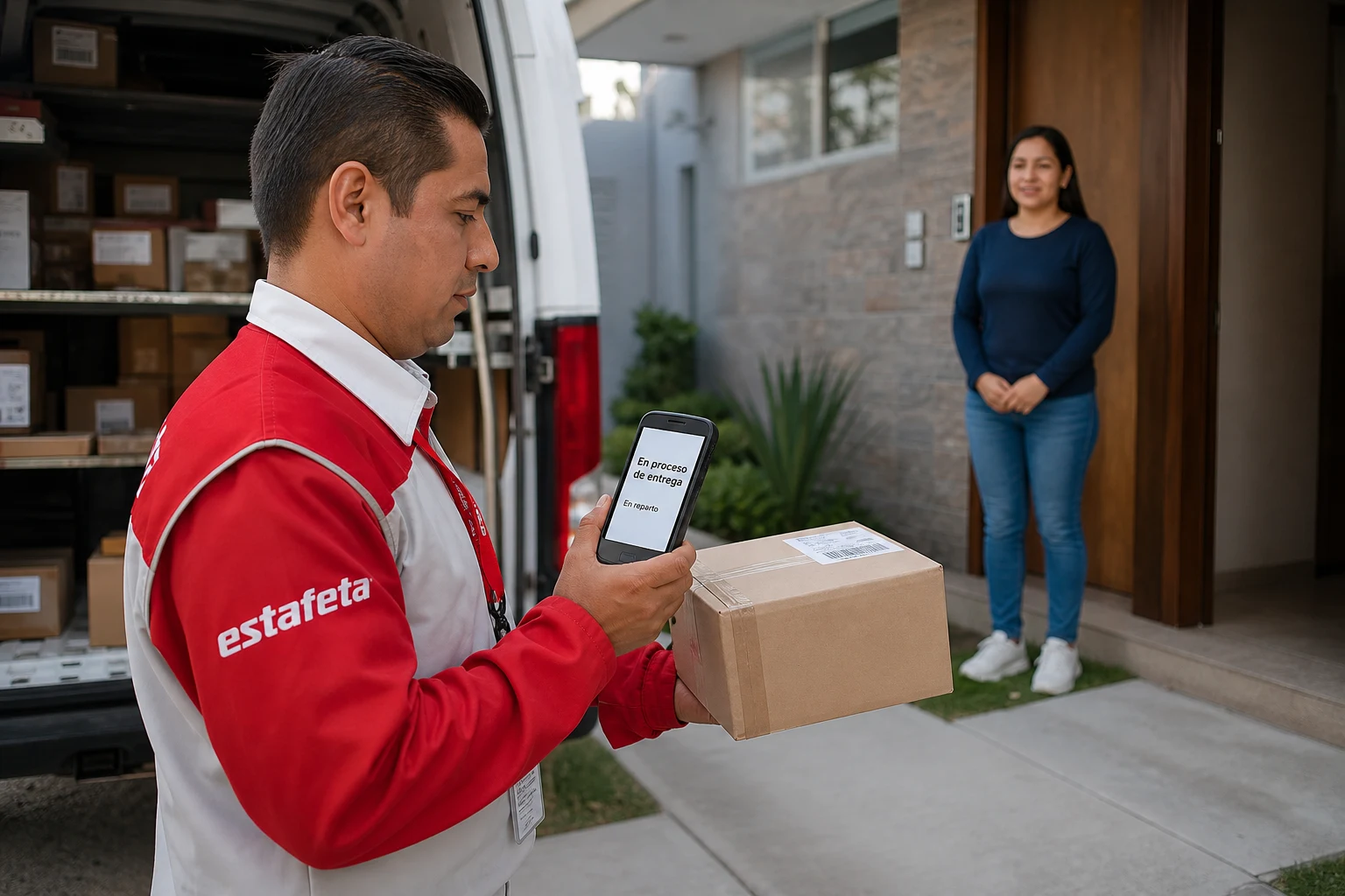 Repartidor de Estafeta con paquete y escáner mostrando entrega en proceso